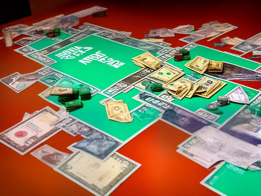 A photo of the Monopoly Cheaters Edition board game, with dollar bills scattered around it.
