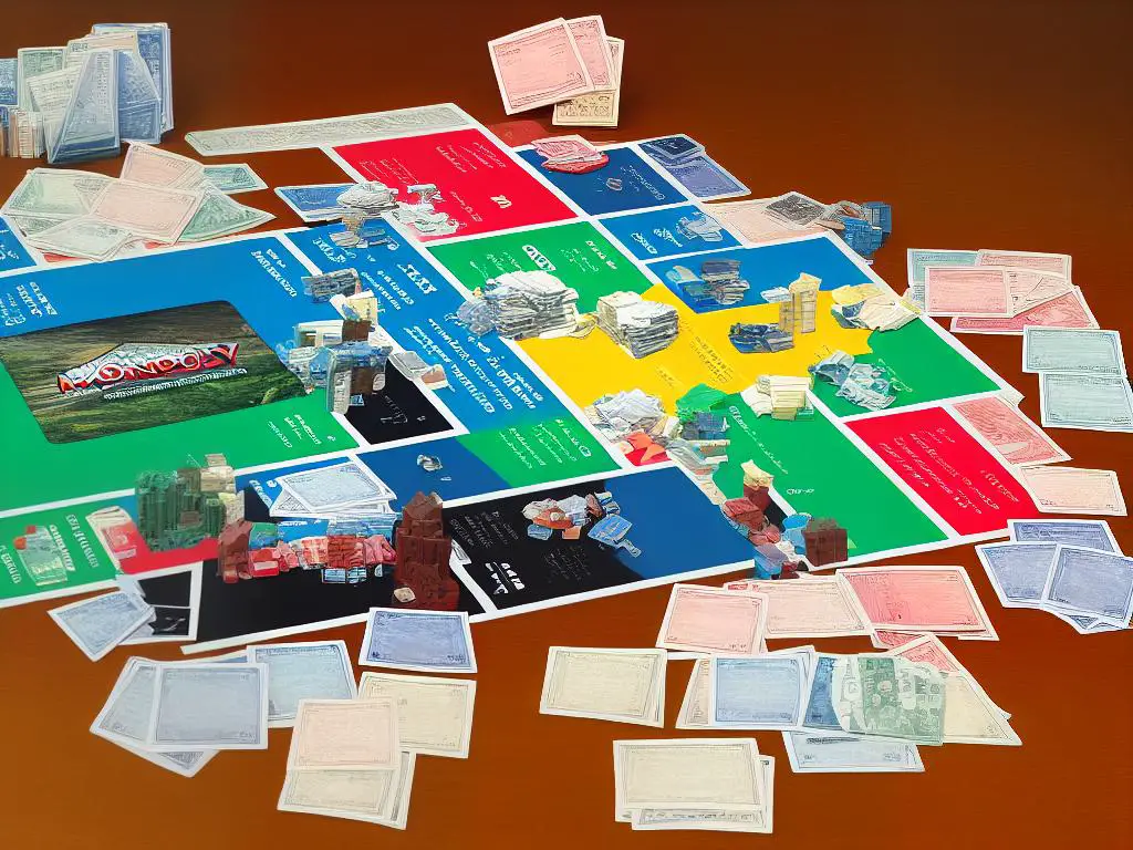 Image of Monopoly Deal components, including property cards, money cards, and action cards, representing the different aspects of the game.