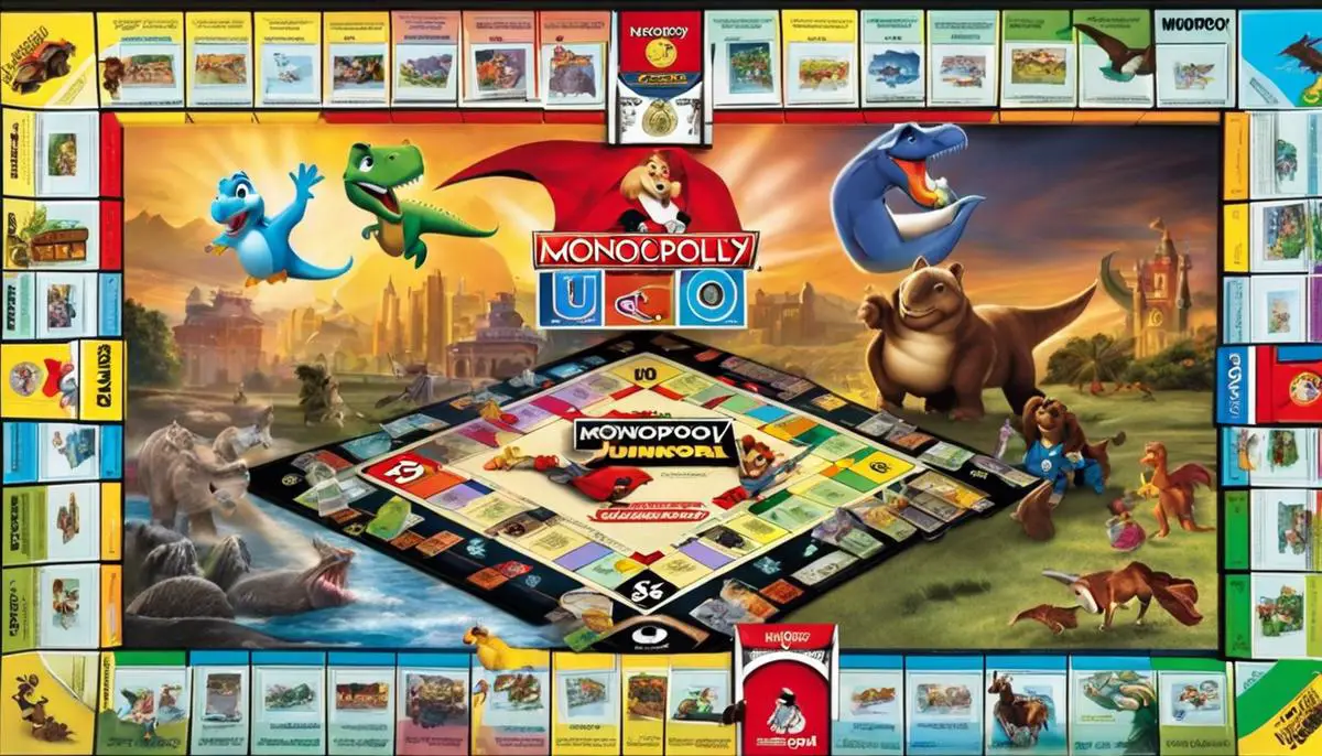 An image showing Monopoly Junior versions with different themes, such as Disney princesses and superheroes, dinosaurs, and animals.