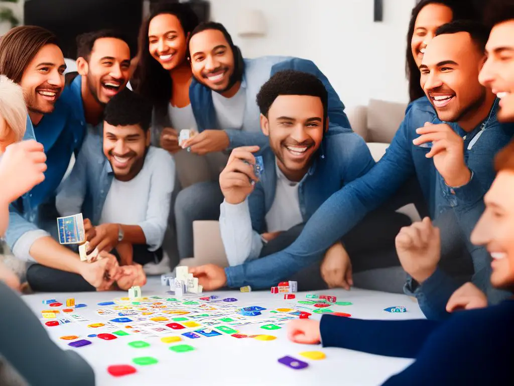 A group of friends laughing and playing Monopoly during a board game night