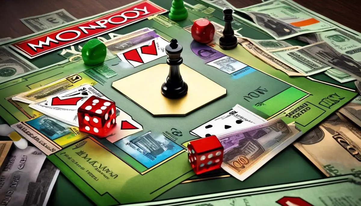 An image of a Monopoly board with stacks of money, properties, and playing pieces, representing the reign and success of Monopoly in the game industry.