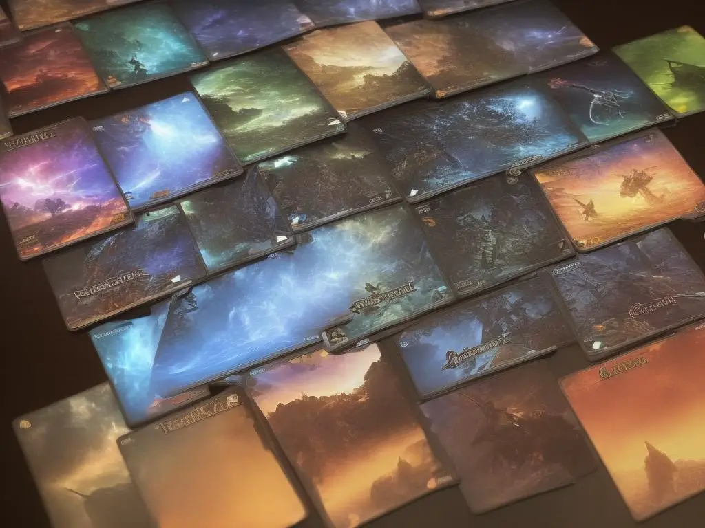 A group of Magic: The Gathering cards laid out on a table, showcasing the variety of cards available in the game.