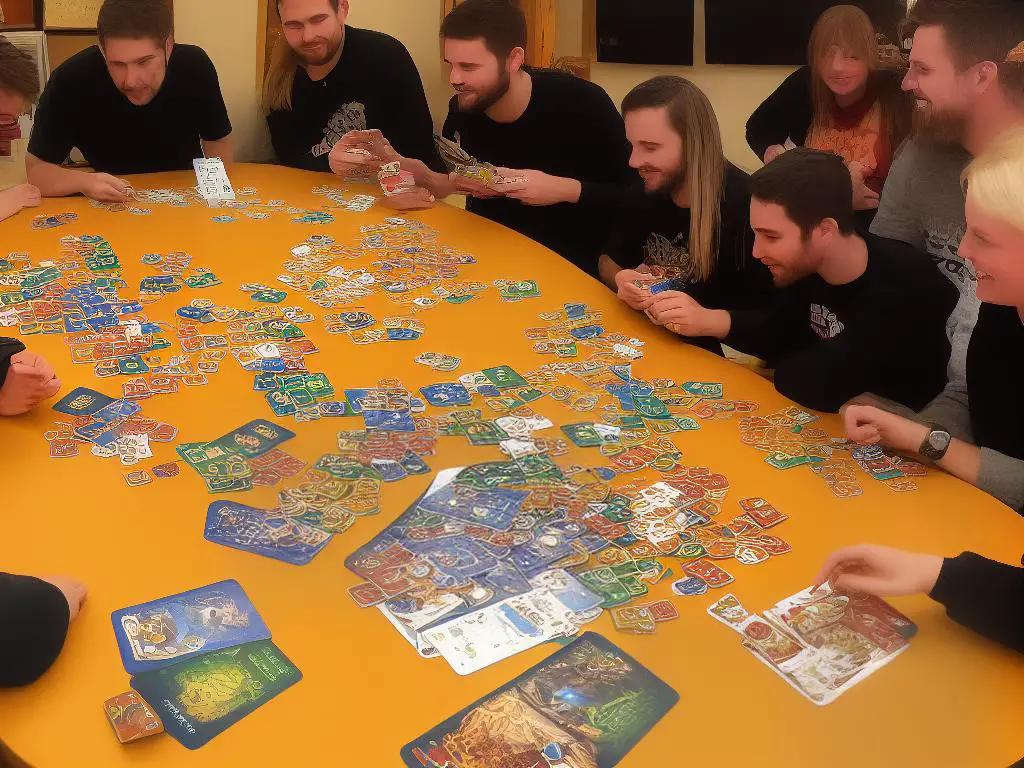 A group of friends sit around a table playing the card game Munchkin, with the game board and various Munchkin expansion packs spread out on the table.