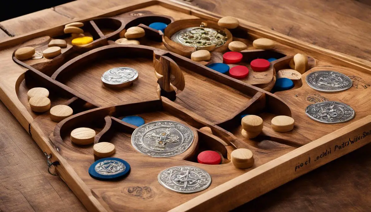 An image showing the different components of the Patolli game, including the cross-shaped board, tokens, and beans.