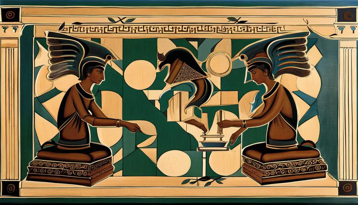 Image depicting the comparison between the ancient Greek game petteia and the modern game of chess.