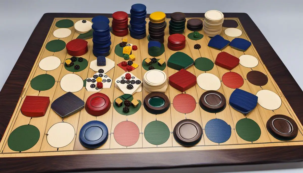 A photo of a Petteia game board set up with pieces arranged on second and third rows.