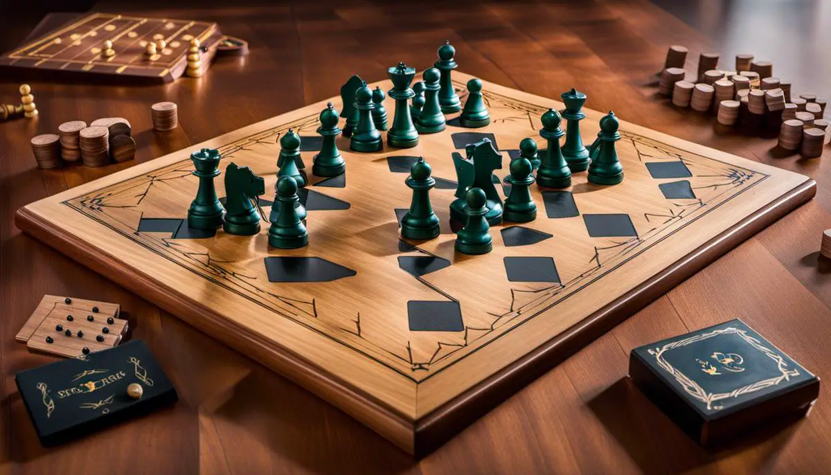 Image of Petteia board and pieces depicting a strategic battle between two players