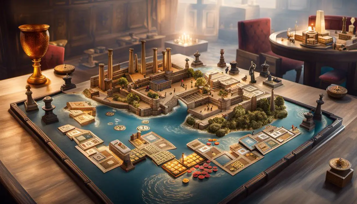 An image depicting the legacy of Petteia, showing ancient Greek artifacts and modern board games inspired by it.