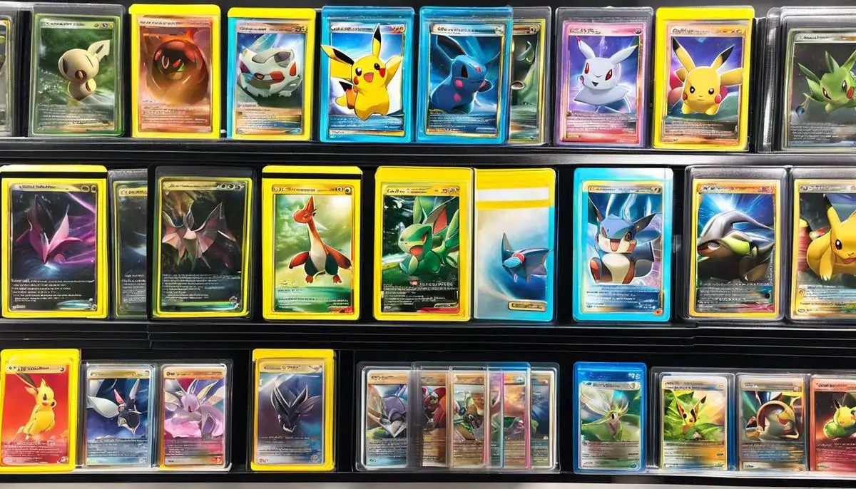 A diverse collection of Pokémon cards with different rarities and sets, neatly organized in card sleeves and binders.