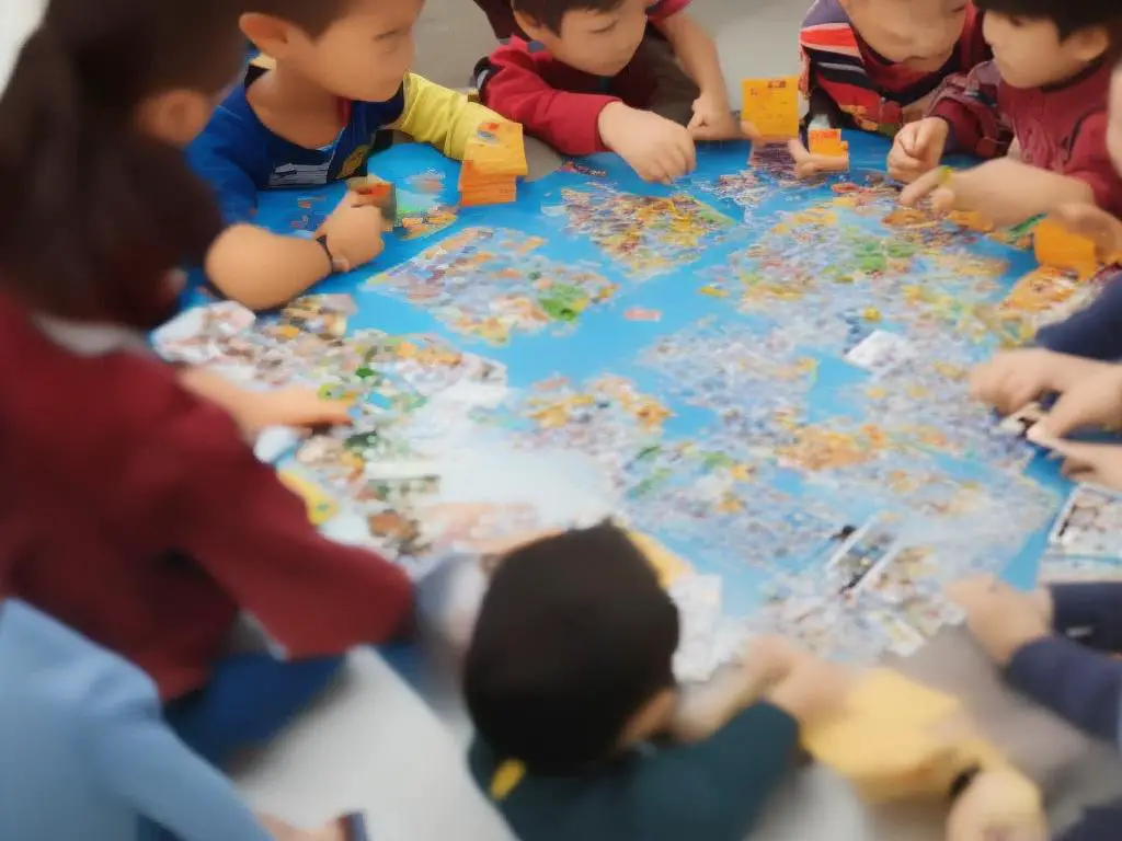 A group of children playing the Pokemon TCG, with cards spread out on a table in front of them.