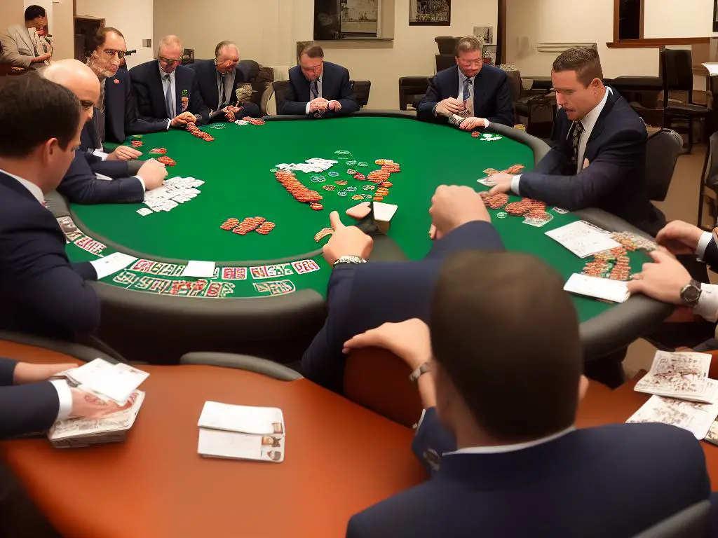 This image is of a poker table with cards and chips on it. Two people are seated on either side of the table with their cards in hand and chips stacked in front of them.