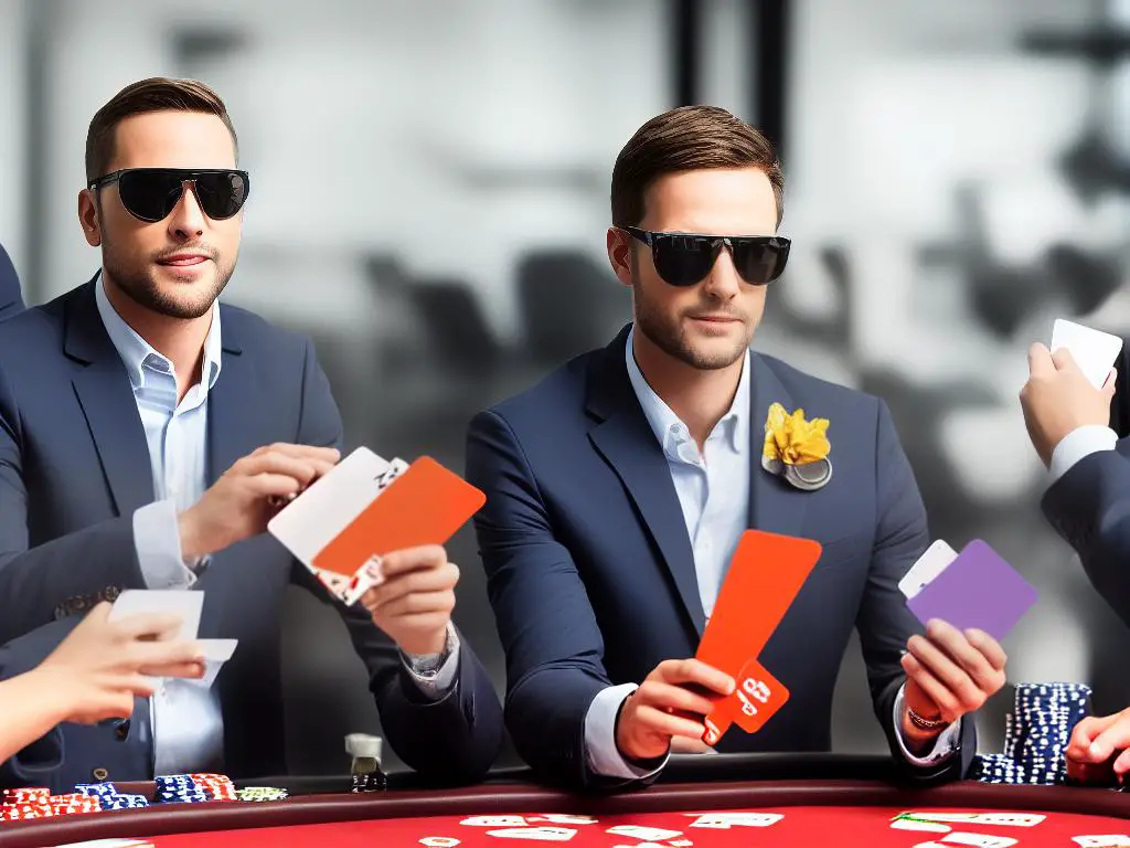 An image of a person with sunglasses seated at a poker table with their cards in hand, while others around them look on.