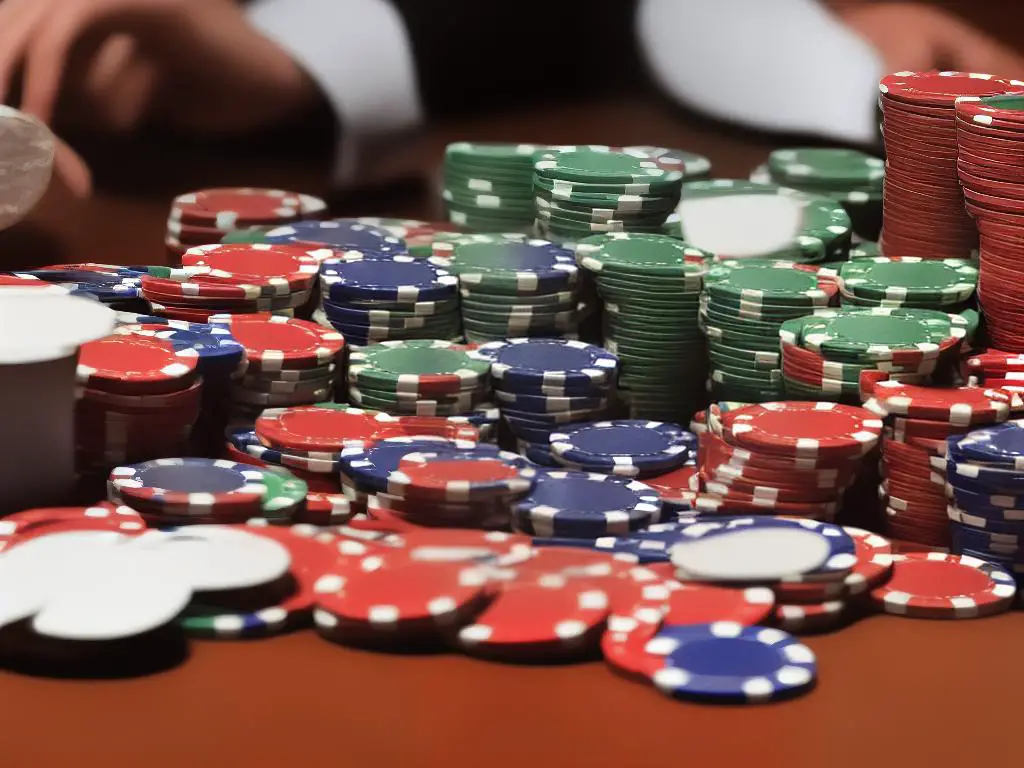 An image of a person playing poker, with poker chips, cards, and drinks on a table.