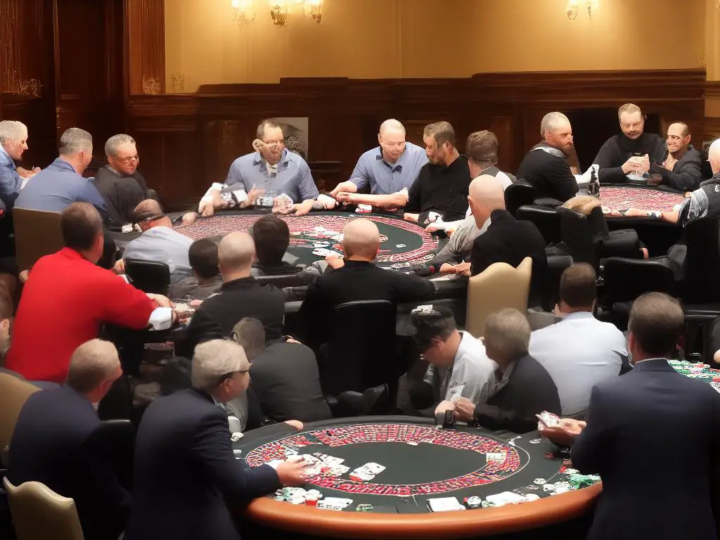 A table with poker players seated around it, chips and cards on the table.