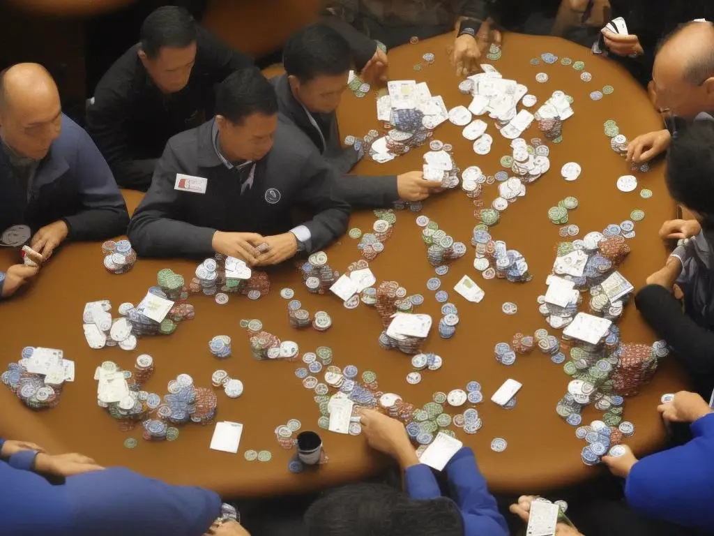 An image of a typical poker table with players sitting around it, holding cards and chips in their hands.
