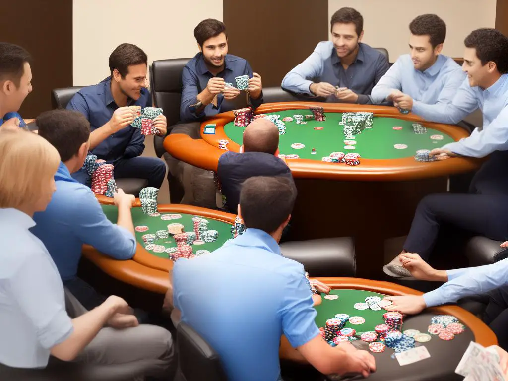 An image of a group of people playing poker at a table with chips and cards in front of them.