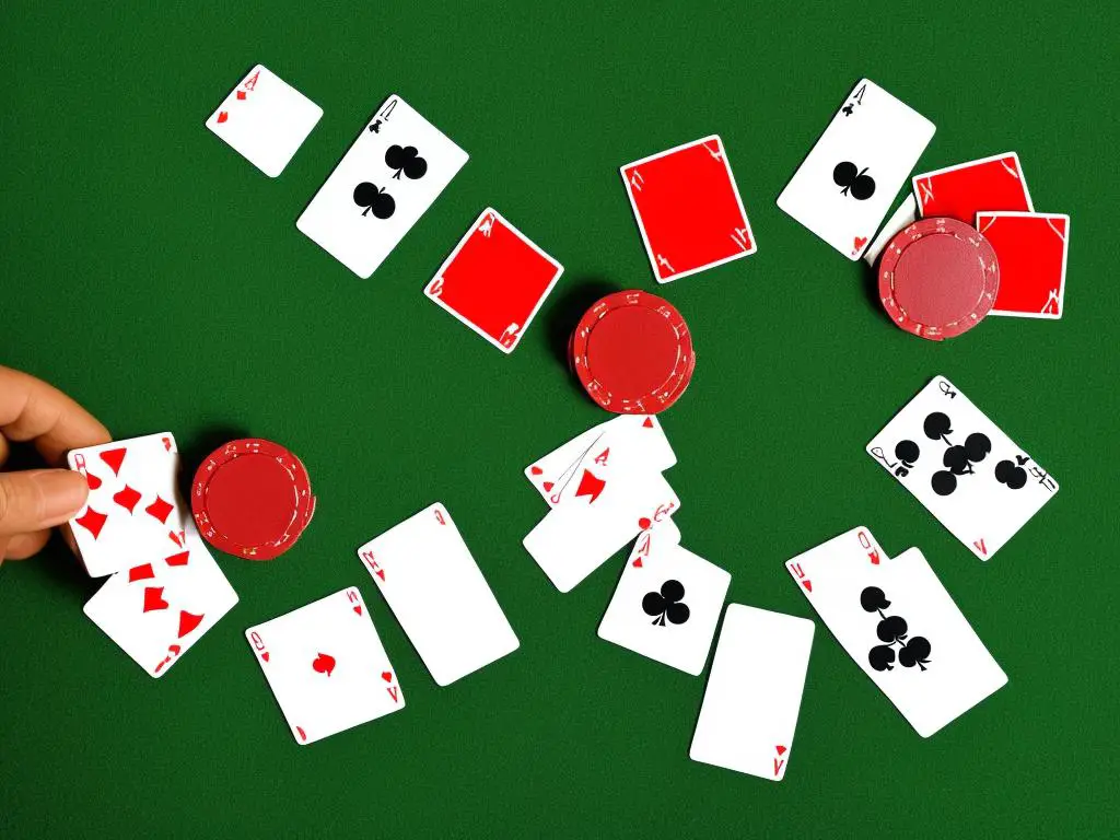 An example of a poker player's hand holding four aces and one king on a green felt table.