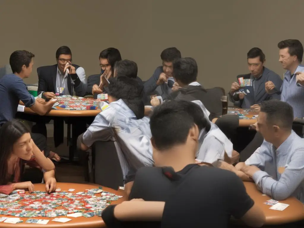 An image showing a person sitting at a poker table looking at their cards with other people around them.