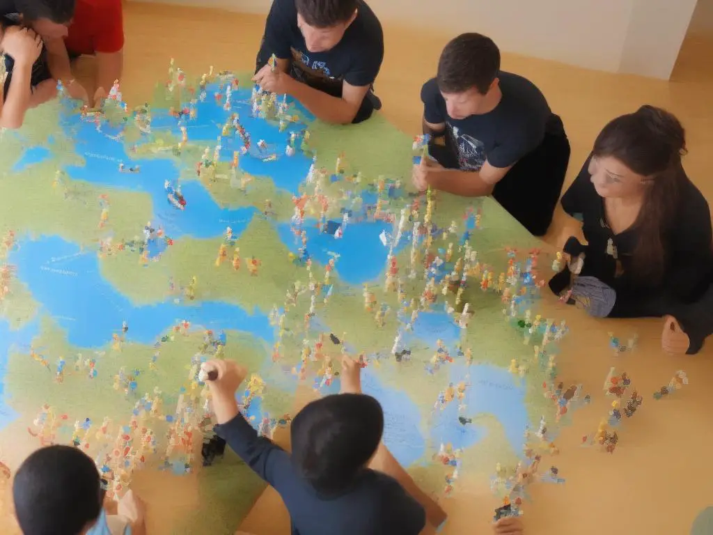 A group of friends having a fun time playing Race Across the World, with the game board set up in the middle of the table.