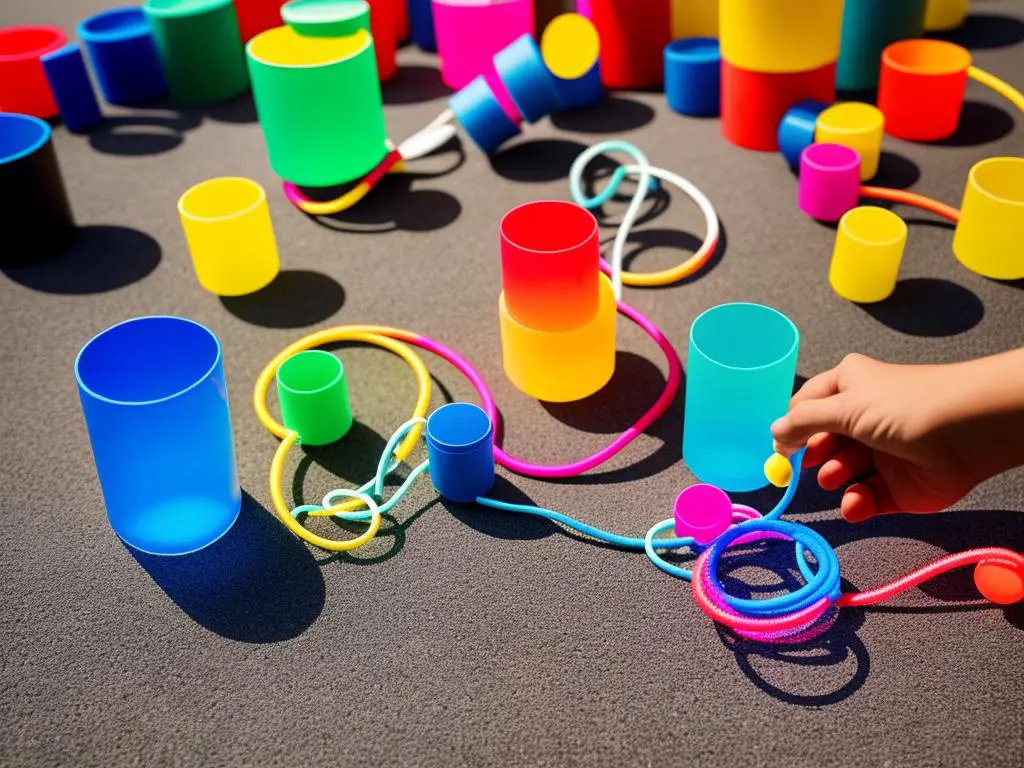 An image showing a person playing ring toss, with rings in the air and pegs on the ground.