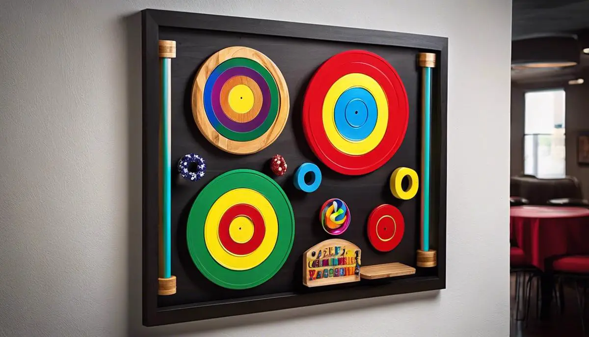 An image of a ring toss game set up with colorful rings and a hook board mounted on a wall.