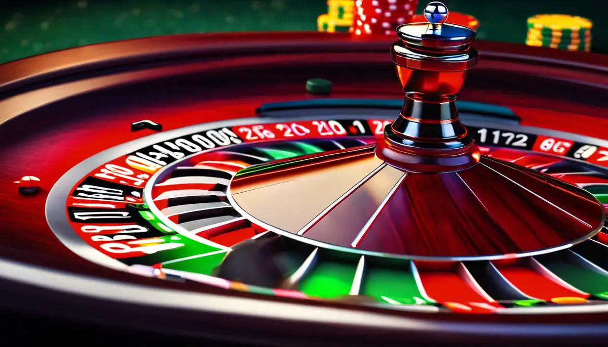 A close-up image of a roulette wheel with a spinning ball and colorful chips on the table layout.