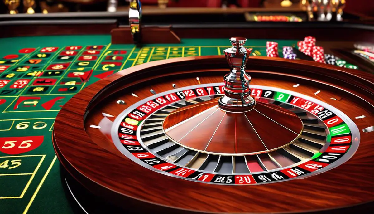 Image of various Roulette strategies displayed on a table with colorful chips and a spinning wheel.