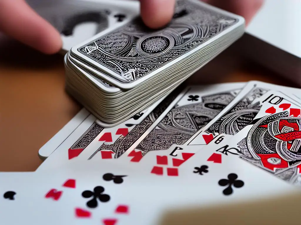 This image shows two decks of playing cards and a player holding their hand of cards. There are sets of cards of the same rank arranged on the table in front of them.