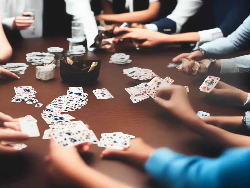 An image showing a group of people playing rummy card game with cards spread on the table