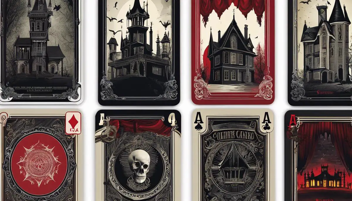 Image description: A deck of playing cards with eerie designs, depicting haunted mansions, sinister characters, and creepy creatures, creating a spooky atmosphere.