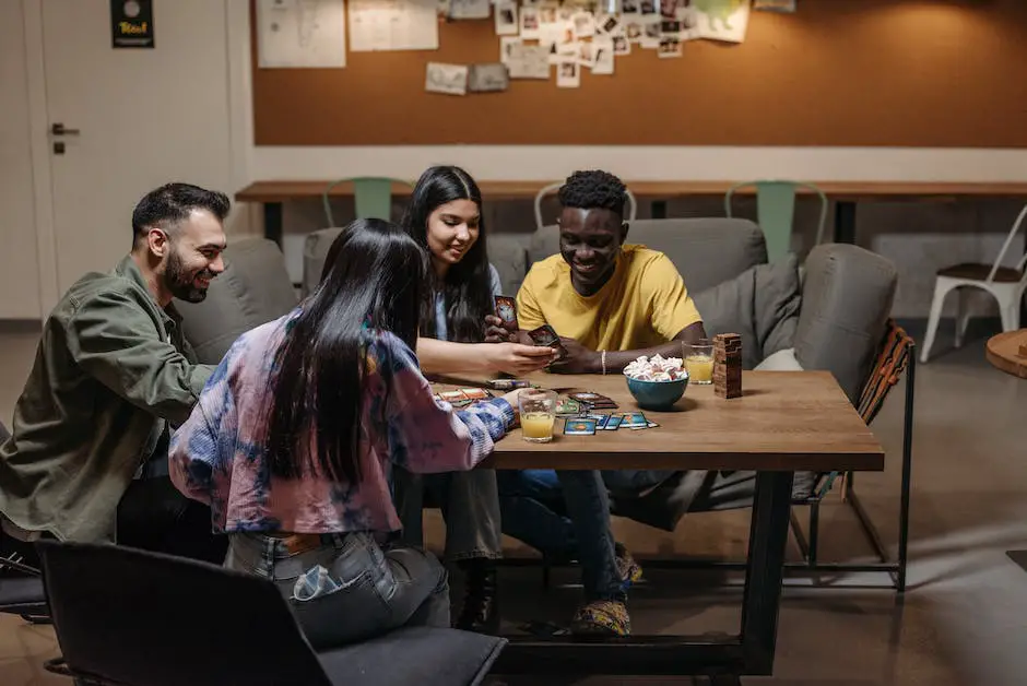 A group of friends sitting around a table, playing some of the notable scary card games mentioned in the article, with intense expressions on their faces as they are engrossed in the game.