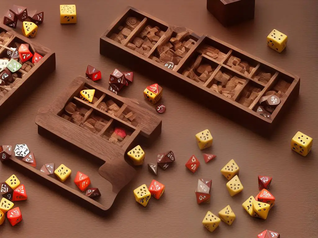 This image shows a wooden box with numbered tiles and two dice. It is the setup for playing shut the box game.