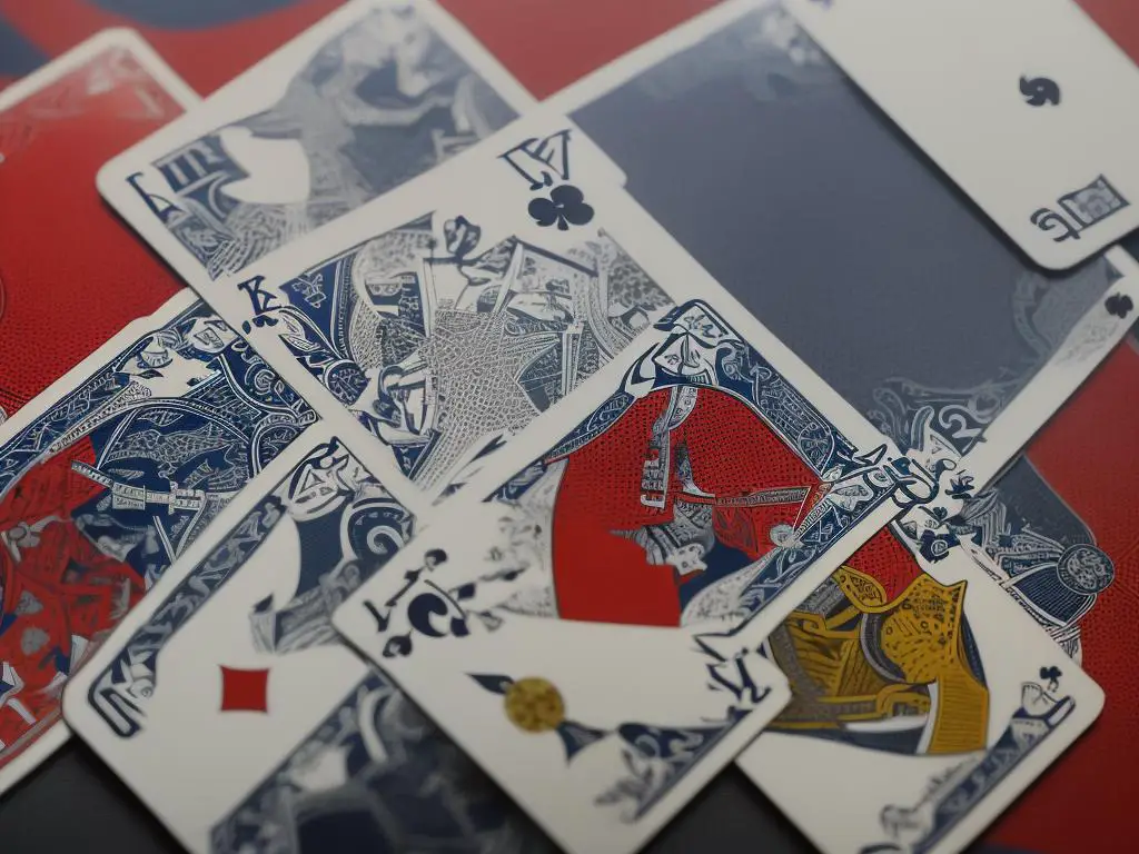 Skat playing cards spread across a table with a player's hand visible, featuring the suits of clubs, spades, hearts, and diamonds, and the rankings of jacks, aces, tens, kings, queens, nines, eights, and sevens.