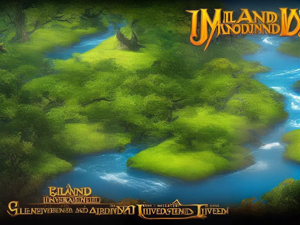 A board game cover with an island covered in trees and a river flowing through it. In the center of the island, there is a large mountain and a deity/forest spirit in the background.