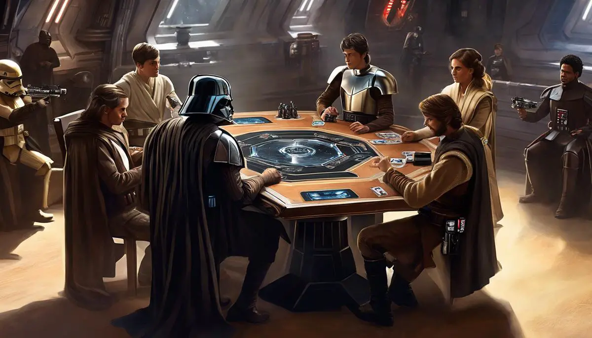 Image depicting players engaged in a Star Wars card game, strategizing their moves and holding their decks.