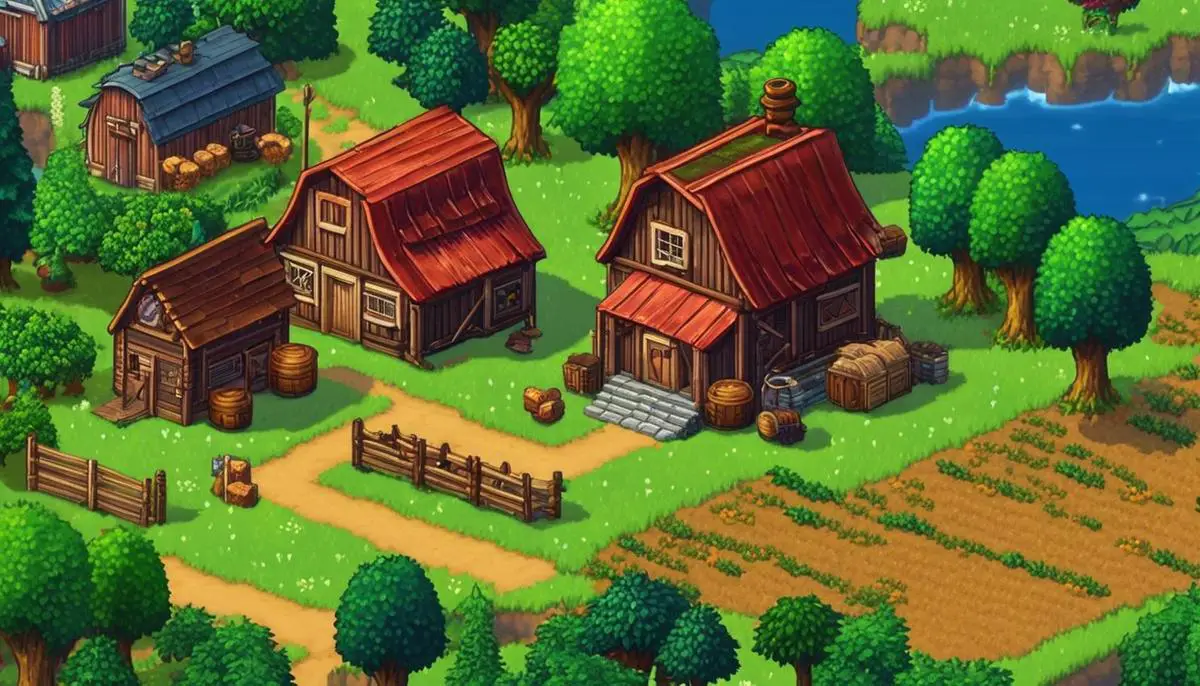 Image of a beautiful, well-tended farm in Stardew Valley surrounded by trees and mountains