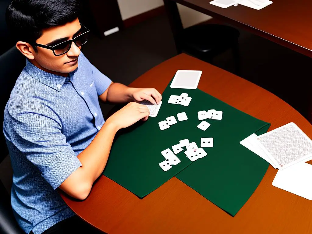 A visually impaired person sitting at a table, playing a game of Freecell with focus and determination.