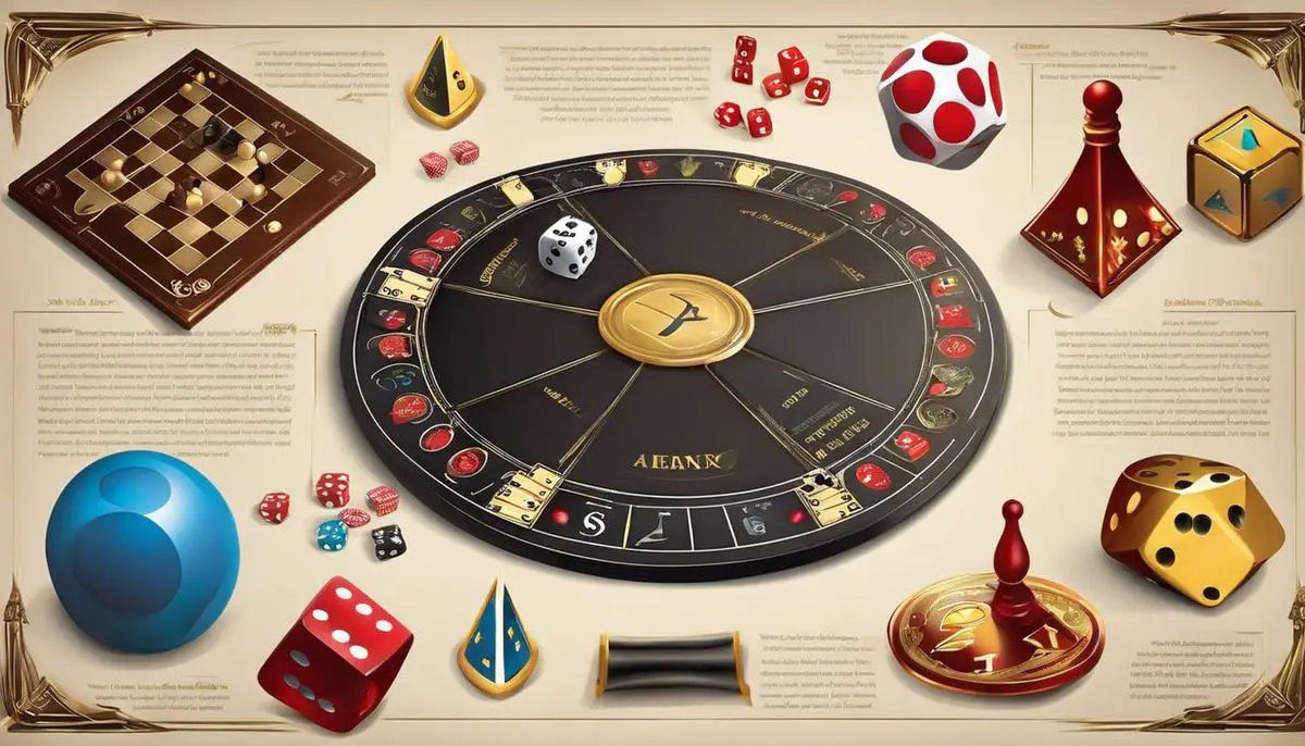 Illustration of various board game symbols representing different aspects and themes present in the text.