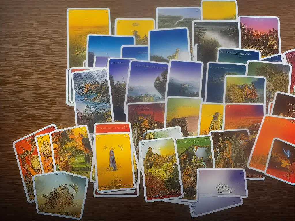 Image of tarot cards laid out on a table, representing the community and connection aspect of tarot card games