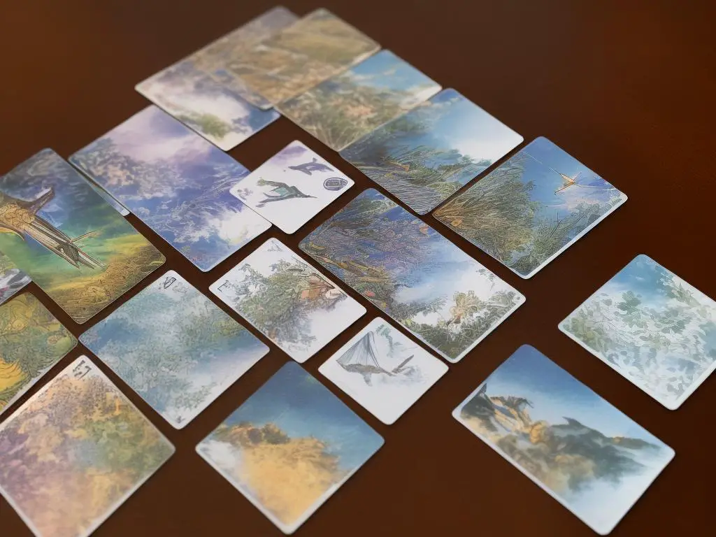 A deck of tarot cards spread out on a table.