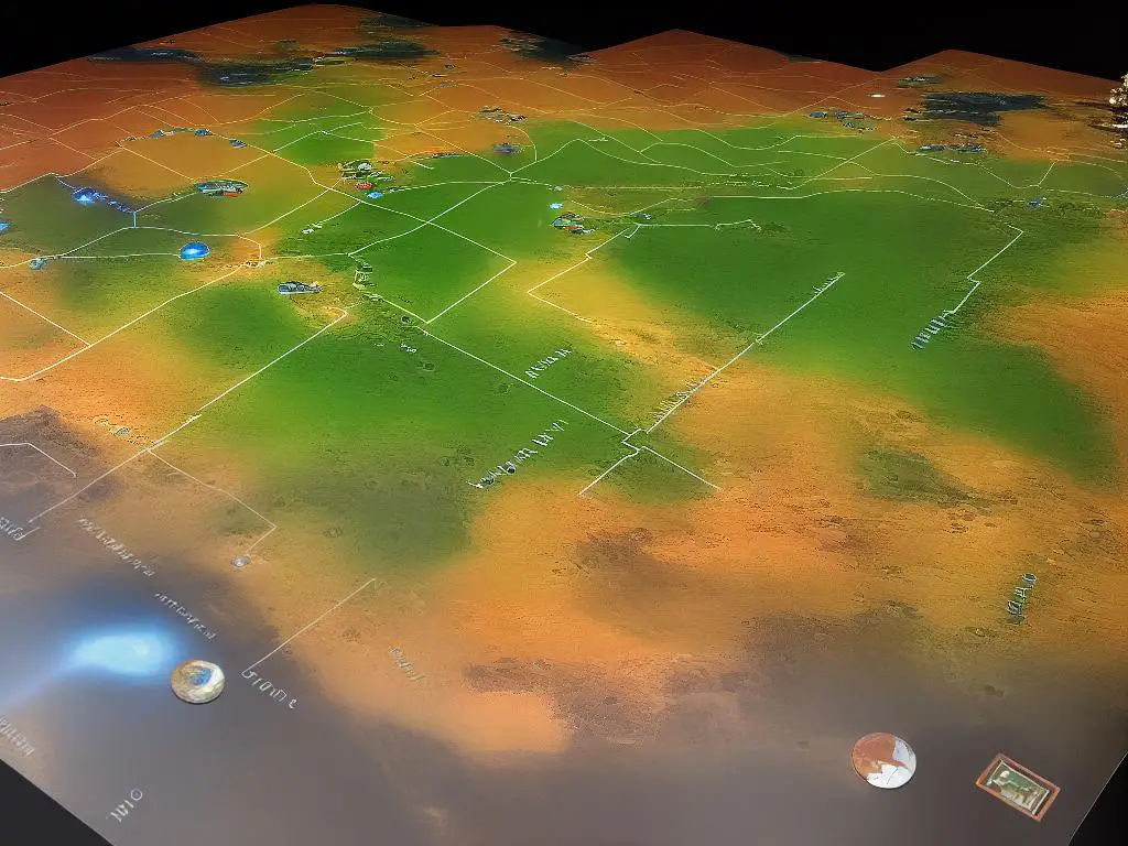 An image of the Terraforming Mars game board depicting a map of Mars with various spaces for playing tiles and tracking global parameters such as temperature and oxygen levels.
