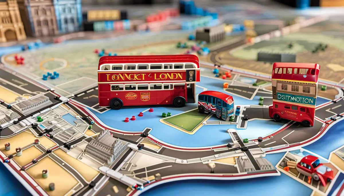 Illustration of the game components of Ticket to Ride London, including the game board, bus pieces, destination ticket cards, and transportation cards.