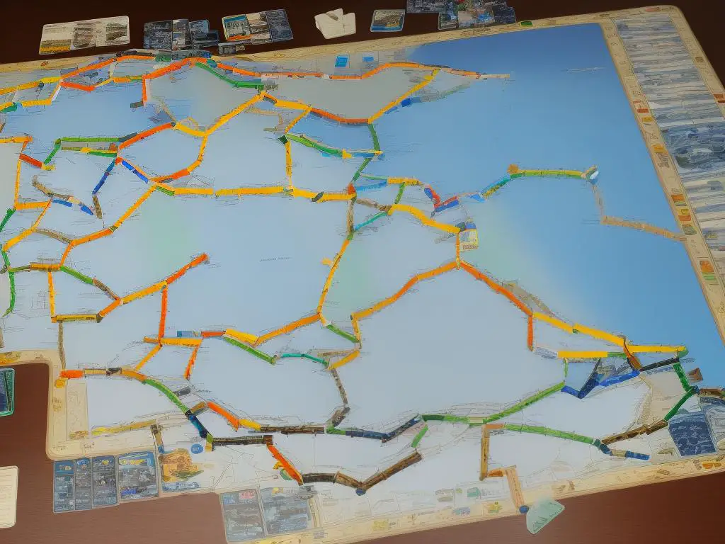Ticket to Ride board game with trains and route map