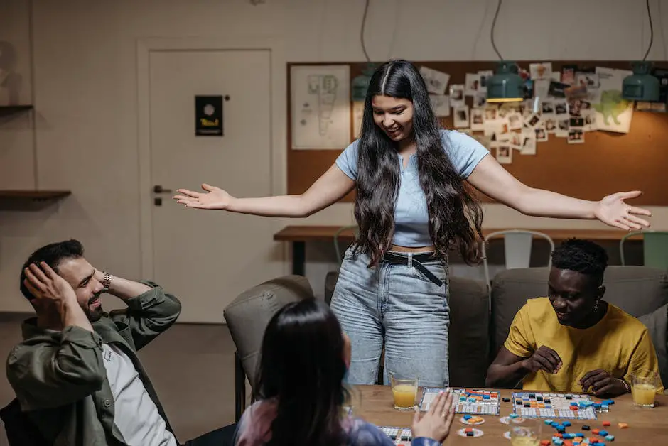 A group of people playing the board game Time's Up, with cards and a timer on a table.