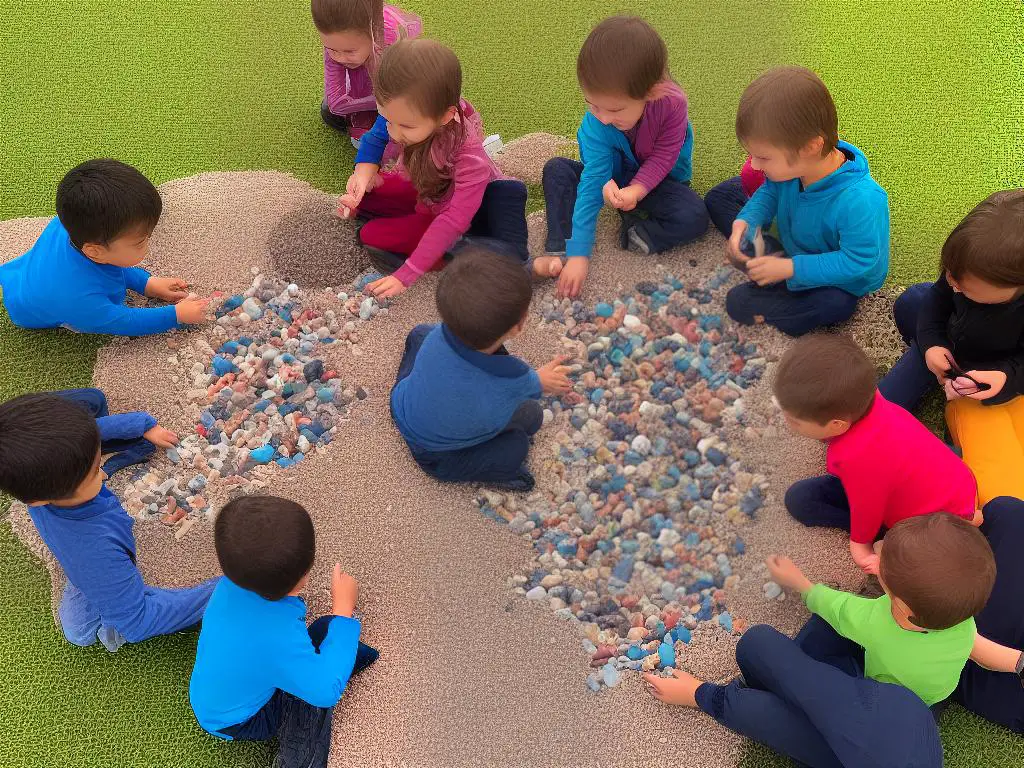 A group of children gathered around a board game made of pebbles and shells.