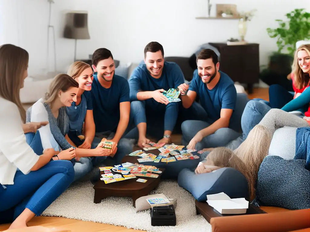 A group of people playing a travel board game in a cozy living room setting