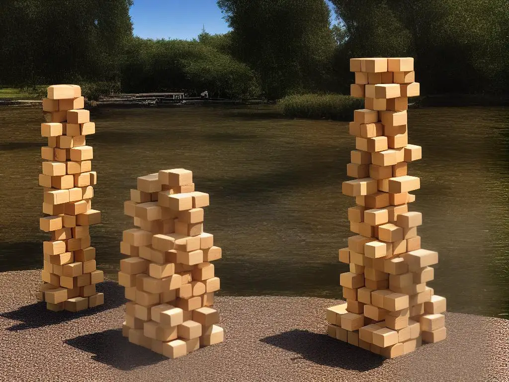 A detailed image of a Jenga tower with wooden blocks stacked in the shape of a sturdy, rectangular tower.