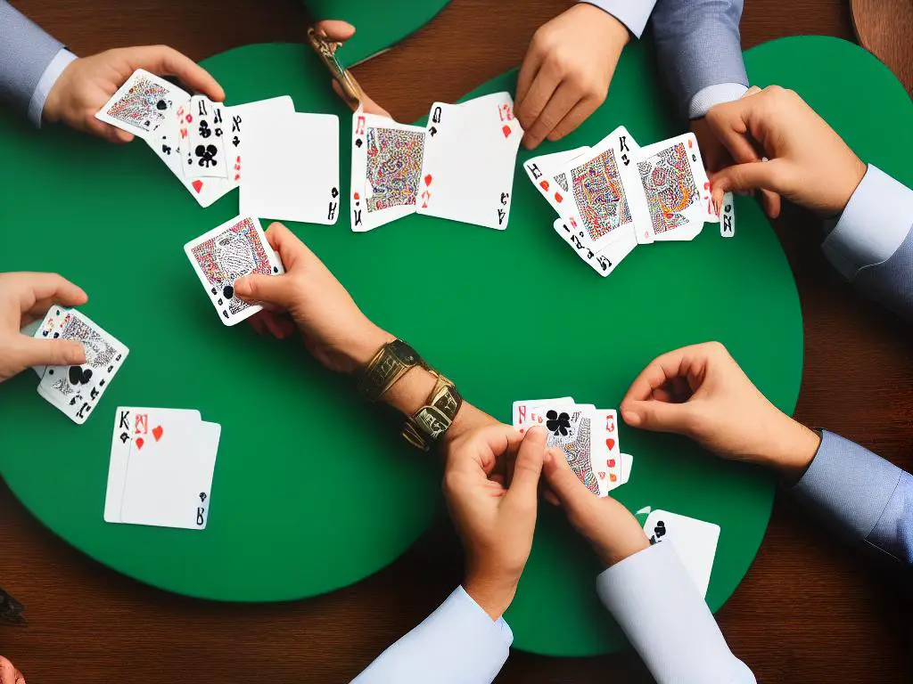 Two hands holding playing cards on a green table. One hand has a high card and the other has a low card in the same suit.