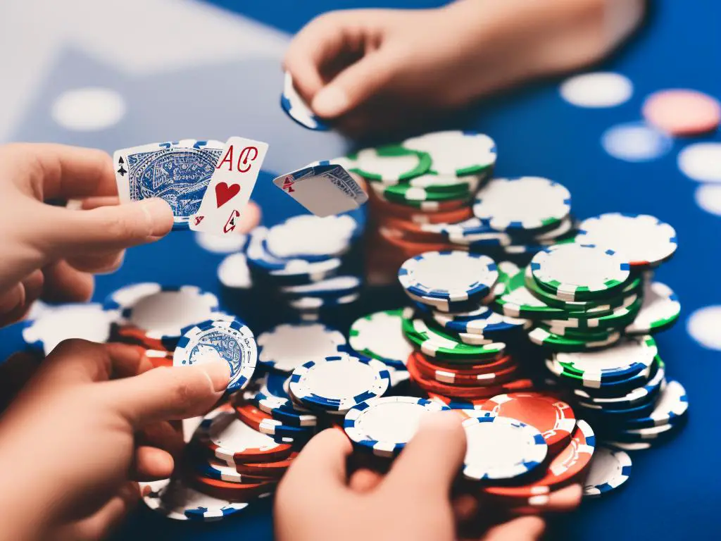 An illustration of a person holding a card hand with poker chips placed besides them.