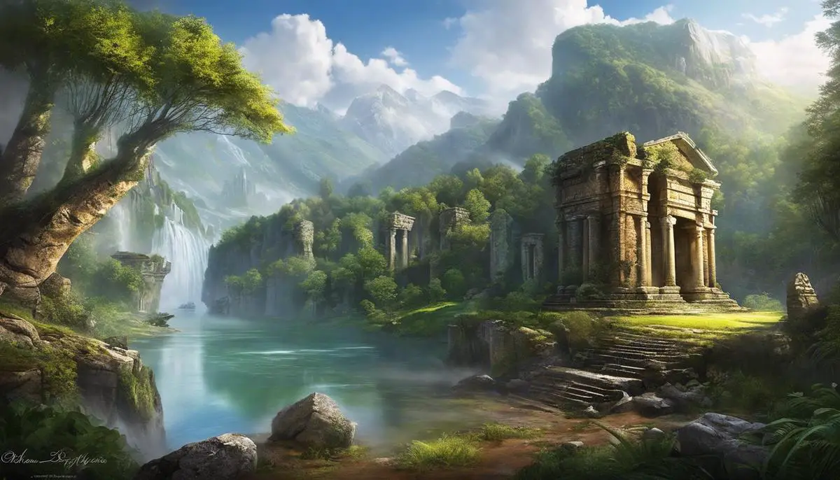 A breathtaking landscape of the Old World, showcasing ancient ruins and sprawling forests.